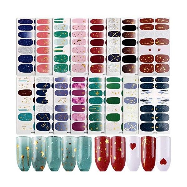 224pcs 16 Feuilles Autocollants pour Ongle Nail Sticker Couverture Complète Pleine Transfert Pochoir Ongles Auto-adhésifs Nai