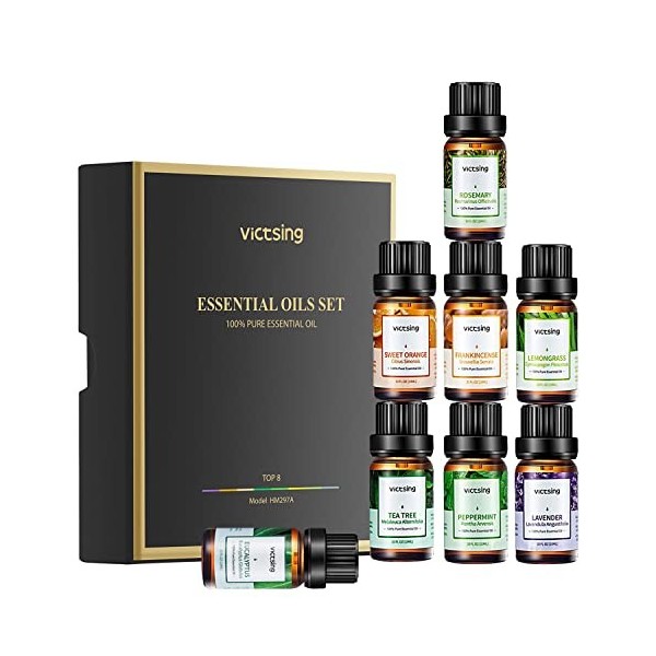 Lot de 8 huiles essentielles naturelles et humidificateur, huiles essentielles 8 x 10 ml, menthe, romarin, encens, orange dou