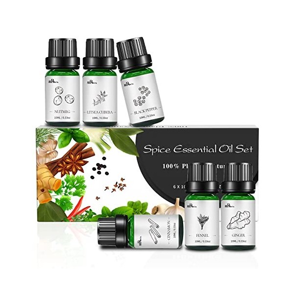 Ensemble dHuiles Essentielles, 6 x 10 ml dHuile de Diffuseur Parfumée Naturelle pour Additifs Alimentaires, Mélanges non Di