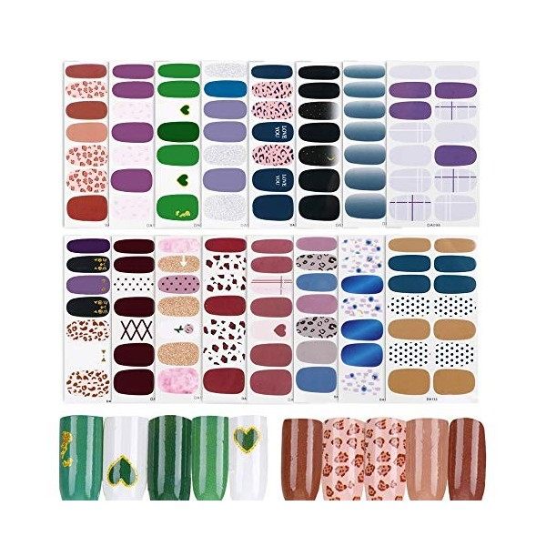 224pcs 16 Feuilles Autocollants pour Ongle Nail Sticker Couverture Complète Pleine Transfert Pochoir Ongles Auto-adhésifs Nai