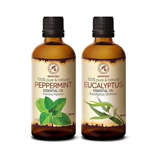 Huile Essentielle Menthe Poivrée 100ml et Huile Essentielle Eucalyptus 100ml - Kit Huiles Essentielles Aromathérapie pour le 