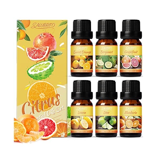 Salubrito Ensemble dhuiles essentielles dagrumes pour diffuseur,huile parfumée,Ensemble de 6 agrumes,Orange, bergamote,citr