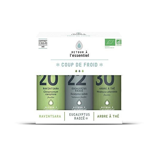 Coffret 3 Huiles essentielles biologiques – Coup de froid – kit Spécial Hiver – Tea Tree arbre à thé Eucalyptus radié Ravin