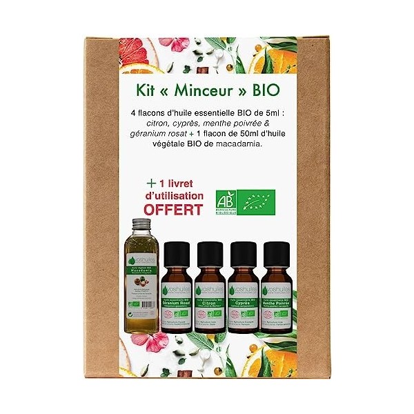 VOSHUILES - Kit Minceur - 4 Huiles Essentielles + 1 Végétale Bio - 100% Pure et Naturelle - HEBBD, Ecocert - Citron, Cyprès, 