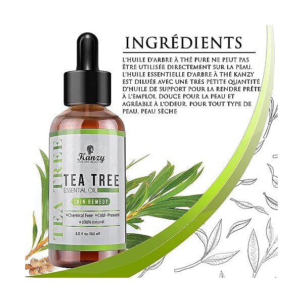 Kanzy Huile Essentielle Tea Tree Bio 60ml Naturelle Vegan Huile Arbre à Thé pour le Visage, Ongles et les Soins de la peau Hu