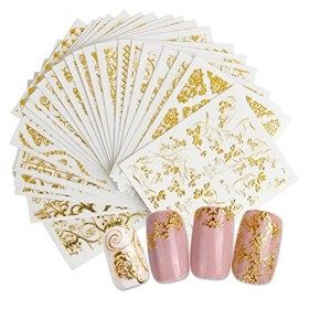 20 Pcs Nail Art Stickers Set, 3D Auto-Adhésives Bronzage Paillettes Dor Design Feuilles Autocollant Ongle Nail Feuilles pour