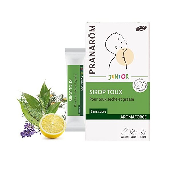 Pranarôm Sirop Toux Junior, Aux Huiles Essentielles Bio, Toux sèche et grasse - Sans sucre, 100 ml