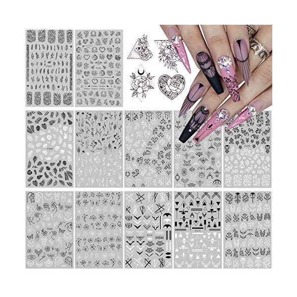 12 Pièces 3D Autocollants à Ongles, EBANKU Feuilles Noires et Blanches Nail Art Sticker Ongles Paillettes Autocollants à Ongl