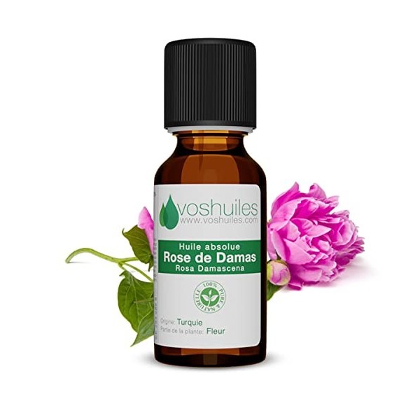 VOSHUILES - Huile Absolue de Rose de Damas 1ml - Extraction par Solvant des Pétales - Délicieuse Odeur Intense - Idéale en Di