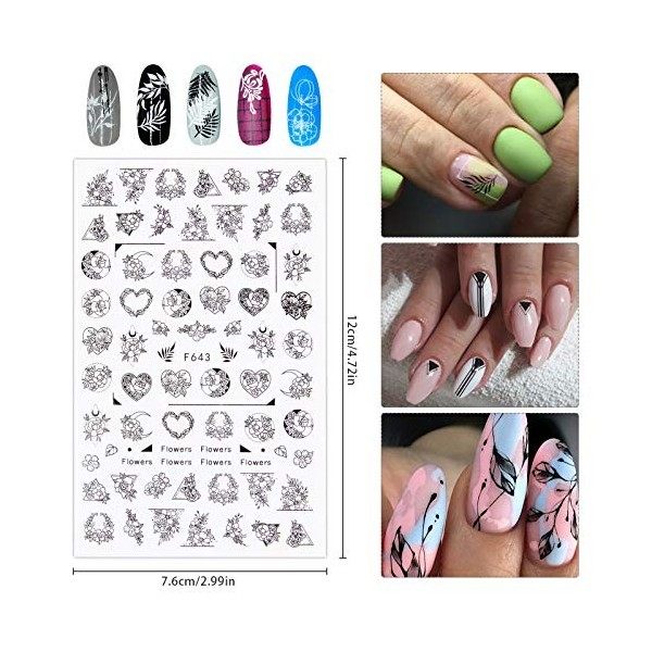 12 Pièces 3D Autocollants à Ongles, EBANKU Feuilles Noires et Blanches Nail Art Sticker Ongles Paillettes Autocollants à Ongl