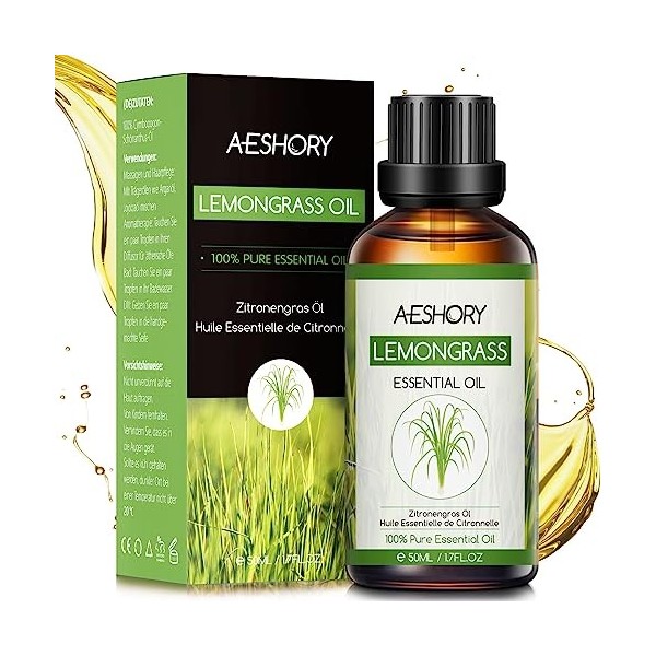 AESHORY Huile Essentielle Citronnelle 50ML, Huile de Citronnelle pour Diffuseur 100% Pure et Naturelle, Huiles Parfumées Arom