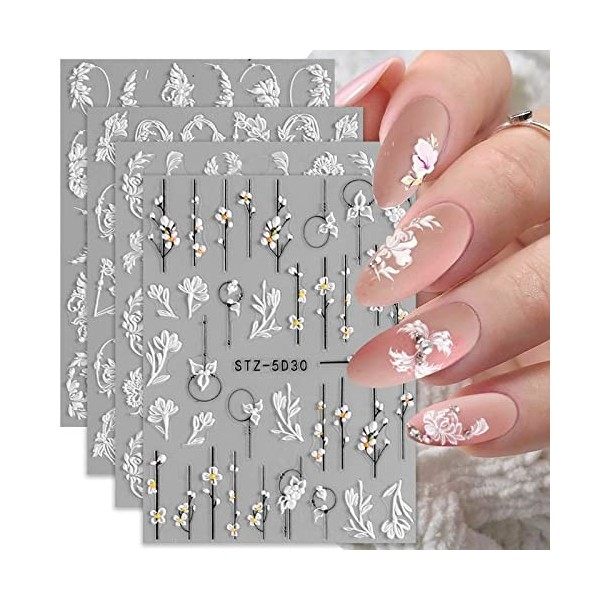 JMEOWIO 3D Fleur Stickers Ongles Nail Art Autocollants Ongles Autoadhésif 5D Deco Ongle Nail Art Design Manucure 4 Feuilles