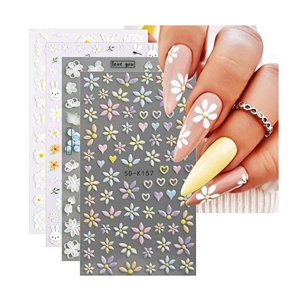 JMEOWIO 3D Fleur Stickers Ongles Nail Art Autocollants Ongles Autoadhésif 5D Deco Ongle Nail Art Design Manucure 4 Feuilles