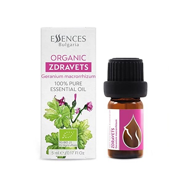 Essences Bulgaria Huile Essentielle Zdravets Bio 5 ml | Geranium macrorrhizum | 100% Pur et Naturel | Non Dilué | Qualité Thé