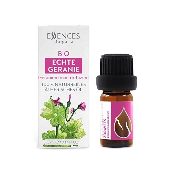 Essences Bulgaria Huile Essentielle Zdravets Bio 5 ml | Geranium macrorrhizum | 100% Pur et Naturel | Non Dilué | Qualité Thé