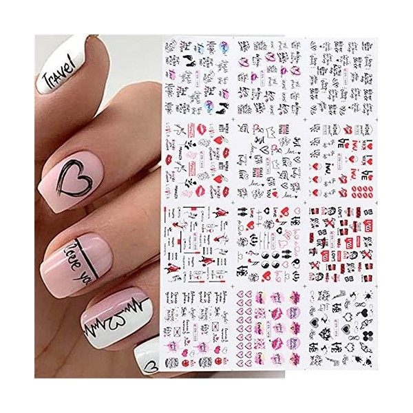 ZSDFW 12 Feuilles Nail Art Stickers Stickers Lip Print Love Heart Pattern Nail Sticker pour Nail Art Décoration, DIY Nail Tat