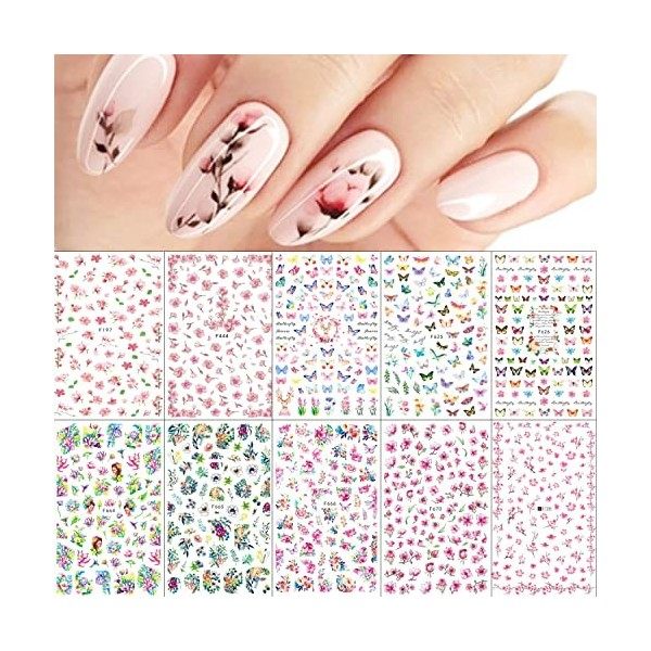 JMEOWIO Fleurs Stickers Ongles Nail Art 10 Feuilles Autocollants Ongles Autoadhésif Deco Ongle Nail Art Design Manucure