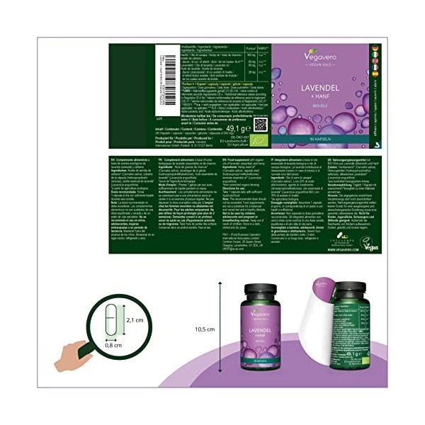 Huile de Lavande BIO Vegavero® | 100% Pure : Huile Essentielle Origine FRANCE | Avec Chanvre BIO | Sans Additifs | Sommeil + 