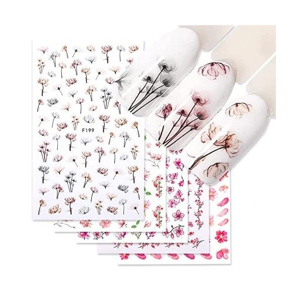 Autocollant Ongle 8 Feuilles Stickers Ongles Fleur Appliques Nail Art Auto-adhésif Nail Art Stickers 3D Autocollants pour Ong