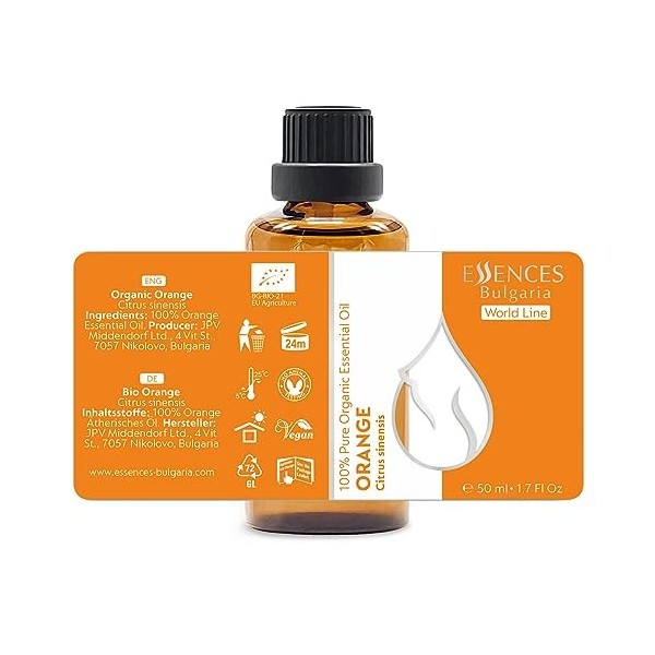 Essences Bulgaria Huile Essentielle dOrange Douce Bio 50 ml | Citrus sinensis | 100% Pur et Naturel | Non Dilué | Qualité Th