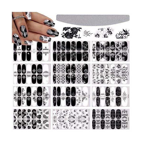 EBANKU 12 Feuilles Autocollants de Vernis à Ongles Fleurs Noires et Blanches Autocollants dOngles Complets Auto-Adhésif Auto