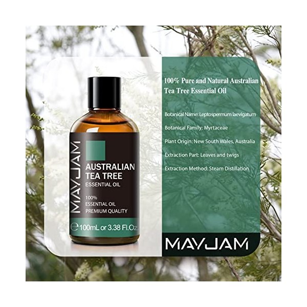 MAYJAM Huiles Essentielles Thé Australien 100 ml, 100% Naturelles Pures Huile Essentielle Daromathérapie de Qualité Thérapeu