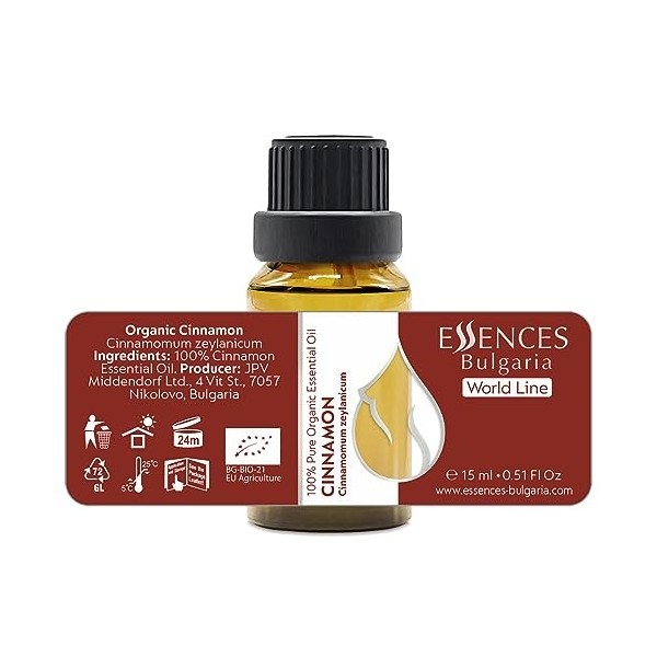 Essences Bulgaria Huile Essentielle de Cannelle Bio 15ml | Cinnamomum zeylanicum | 100% Pur et Naturel | Non Dilué | Qualité 