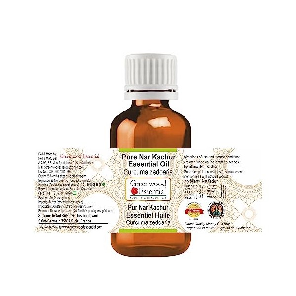 Greenwood Essential Pur Nar Kachur Essentiel Huile Curcuma zedoaria Naturel Thérapeutique Grade Distillé à la vapeur 10ml 