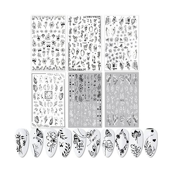 6 Feuilles Stickers Ongles, 3D Nail Art Stickers Fleur Papillon Plante Autocollants à Ongles Auto-adhésifs Gommettes Ongles p