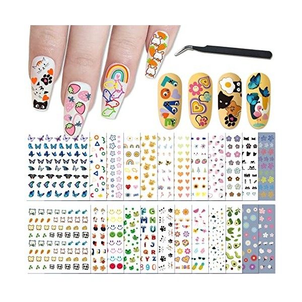 24 Feuilles Nail Stickers Ongles Nail Art pour Femmes Filles Mignon Fleur Coeur Arc-en-ciel Étoile Autocollants pour ongles E