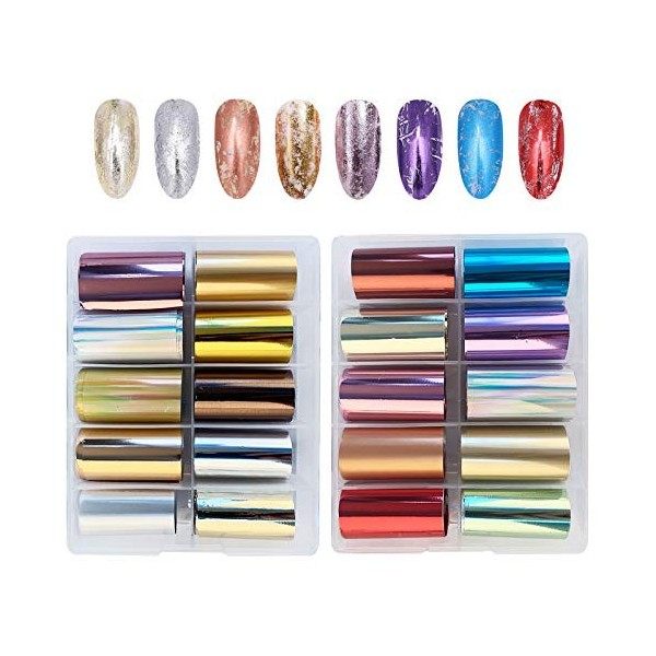 20 Modèles Nail Transfert Foil Stickers, EBANKU Autocollant de Transfert dOngle Métallique Nail Feuilles Ongles Rouleaux dA