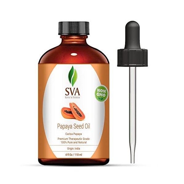 SVA ORGANICS 100% pure pressée à froid huile de graines de papaye vierge/non raffinée pour peau, cheveux, massage 4 oz 118 m