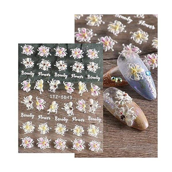 Autocollant Ongle 5D Design Stickers Ongles 3 Feuilles Stickers Ongles Fleur Appliques Nail Art Auto-adhésif Nail Art Sticker