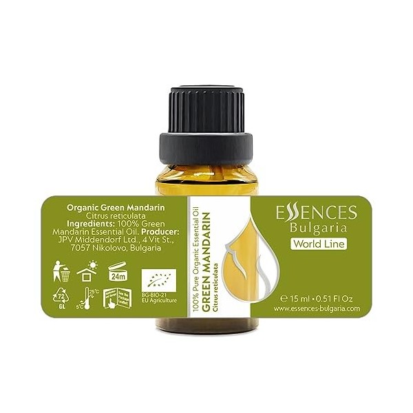 Essences Bulgaria Huile Essentielle de Mandarine Verte Bio 15ml | Citrus reticulata | 100% Pur et Naturel | Non Dilué | Quali