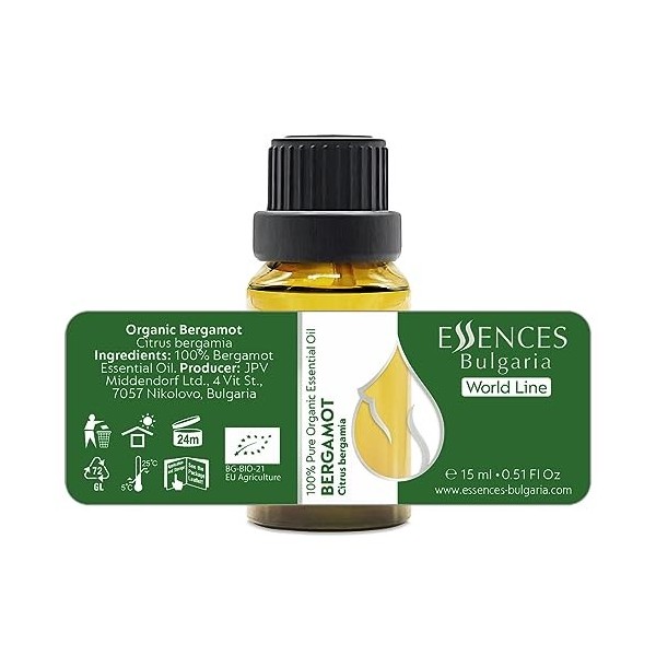 Essences Bulgaria Huile Essentielle de Bergamotier Bio 15ml | Citrus bergamia | 100% Pur et Naturel | Non Dilué | Qualité Thé