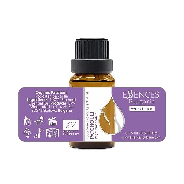 Essences Bulgaria Huile Essentielle de Patchouli Bio 15ml | Pogostemon cablin | 100% Pur et Naturel | Non Dilué | Qualité Thé