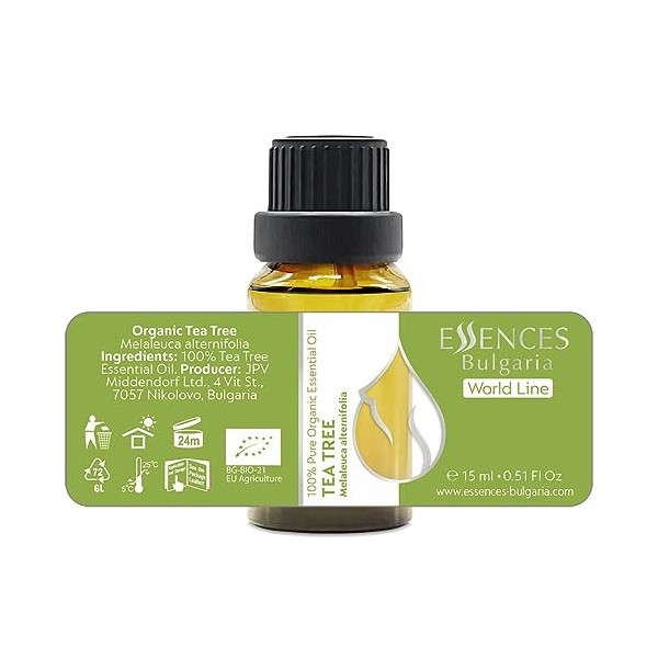 Essences Bulgaria Huile Essentielle dArbre à Thé Bio 15 ml | Melaleuca alternifolia | 100% Pur et Naturel | Non Dilué | Qual