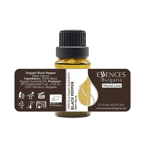 Essences Bulgaria Huile Essentielle de Poivre Noir Bio 15 ml | Piper nigrum | 100% Pur et Naturel | Non Dilué | Qualité Théra