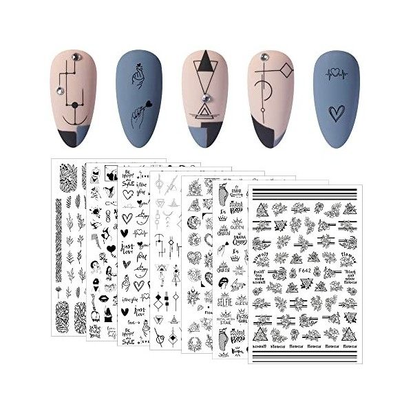 skytowards 7 Feuilles Stickers Ongles, 3D Nail Art Stickers pour Femmes Filles, Fleur Coeur Plante Nail Art Auto-adhésif Auto