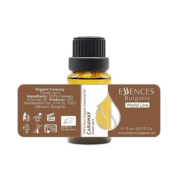 Essences Bulgaria Huile Essentielle de Carvi Bio 15 ml | Carum carvi | 100% Pur et Naturel | Non Dilué | Qualité Thérapeutiqu