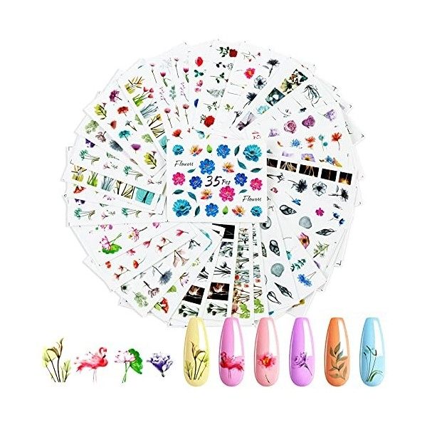 Hanyousheng Autocollant Ongle, 600+ Design, 35 Pcs Différents Styles Stickers Ongles, Autocollants de Transfert à Eau Auto-Ad