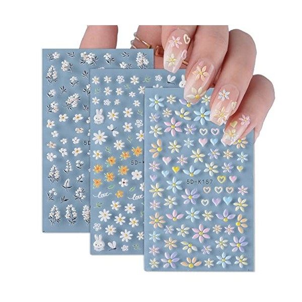 3 Feuilles Sticker Ongle Fleur 3D Nail Art Autocollant Ongle 5D Décoration Adhésif Manucure Design pour Femme Fille Margueri