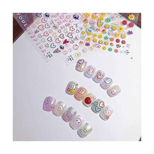 Lot de 3 feuilles de décalcomanies pour ongles en relief stéréoscopiques Motif smiley coloré 3 styles