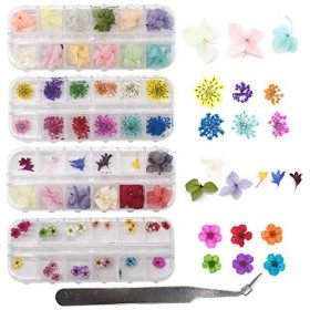 Liwein 144 pièces Fleurs Séchées 3D Autocollants Nail Décoration 3D Nail Art Véritable Fleur Séchée Naturelle Ongle Deco Manu