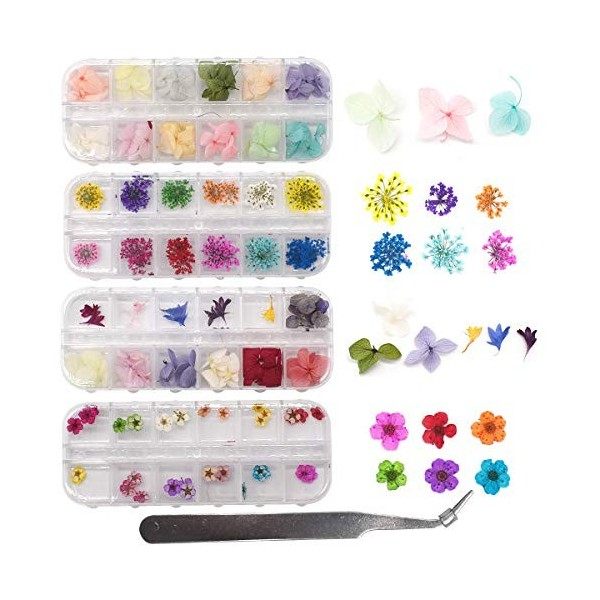 Liwein 144 pièces Fleurs Séchées 3D Autocollants Nail Décoration 3D Nail Art Véritable Fleur Séchée Naturelle Ongle Deco Manu