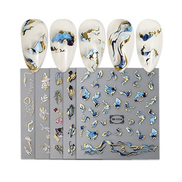 5Feuilles Sticker Ongle Nail Art Autocollant Ongle Adhésif 3D Décoration Manucure Motif Doré 