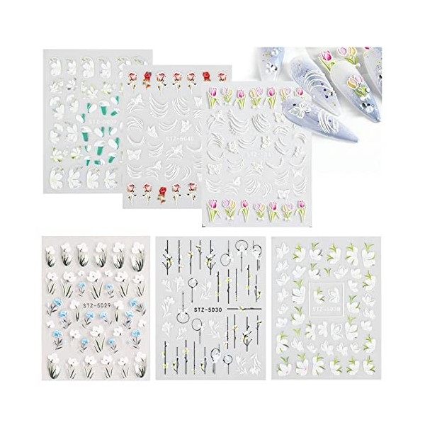 6 Feuilles Stickers Ongles,5D Stickers Ongles Autocollants,Fleurs Stickers Nail,Nail Art Sticker Autocollants à Ongles Auto-a