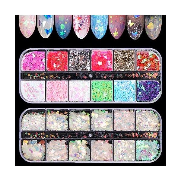 LYOUCI Lot de 12 autocollants holographiques pour ongles en forme de flocons de sirène irisés et 12 couleurs de papillons aut