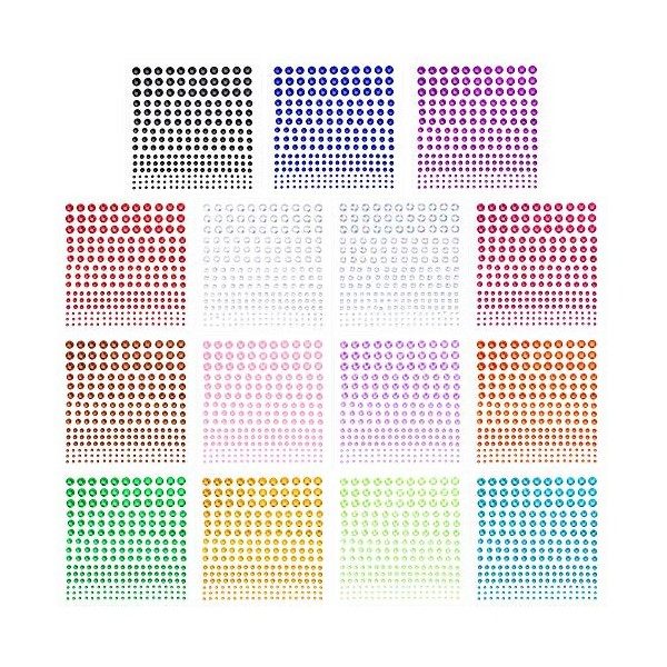 PHOGARY Lot de 3375 strass autocollants - 5 Taille 15 Couleurs - Pour création de bijoux, loisirs créatifs, manucure, maquill