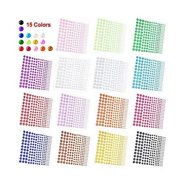 PHOGARY Lot de 3375 strass autocollants - 5 Taille 15 Couleurs - Pour création de bijoux, loisirs créatifs, manucure, maquill